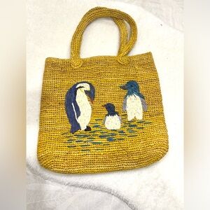 Yellow Penguin Embroidered Tote Bag